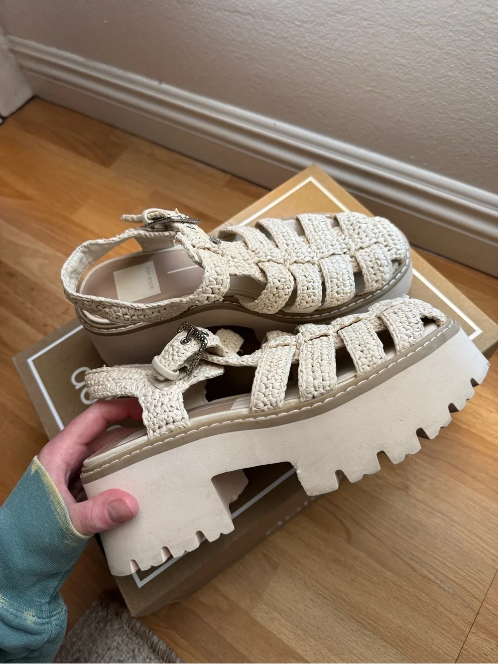 Dolce Vita Lasley raffia lattice Platform Sandals in the bone color